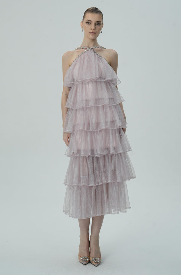 Layered Ruffle Halter Dress with Sparkle Sheer Fabric