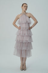 Layered Ruffle Halter Dress with Sparkle Sheer Fabric