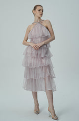 Layered Ruffle Halter Dress with Sparkle Sheer Fabric