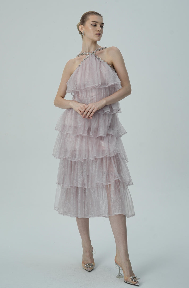 Layered Ruffle Halter Dress with Sparkle Sheer Fabric