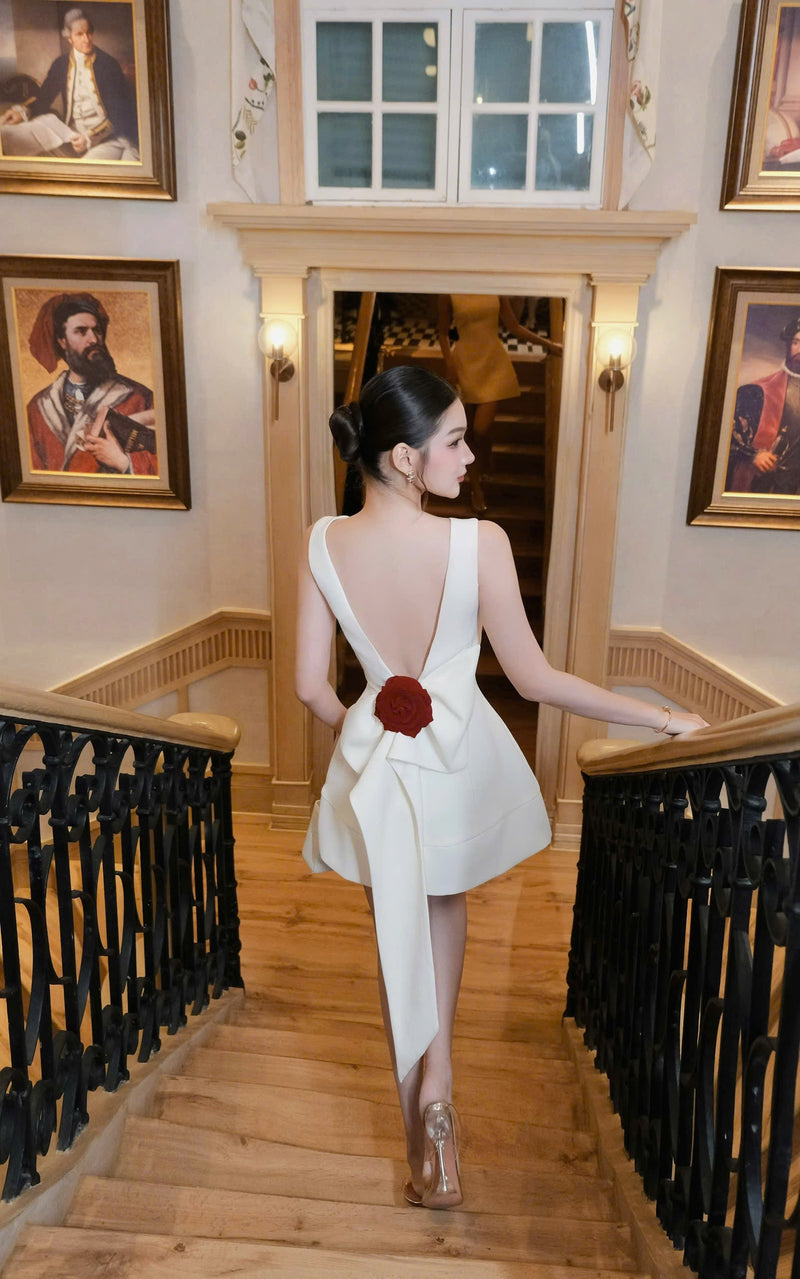 joanna backless flower bow embellished mini dress in white
