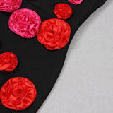 ONE SHOULDER ROSE DETAIL MIDI DRESS IN BLACK