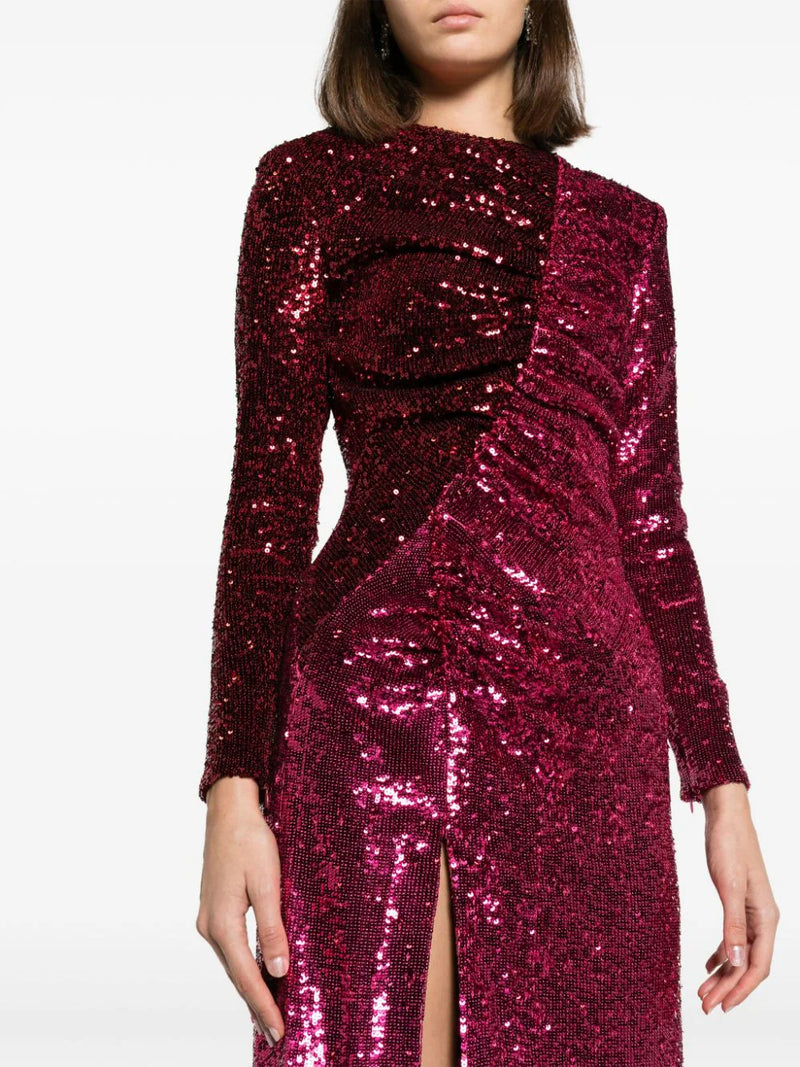 BURGUNDY RUCHED SEQUINED MAXI DRESS