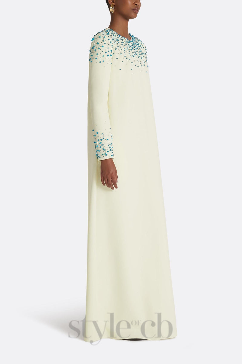 Rhinestone embellished Round Neck Maxi Dress in beige