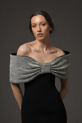 crystal bow crêpe maxi dress in Black