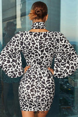 black Jewel Neck Zipper Long Sleeves Printed Semi Dress