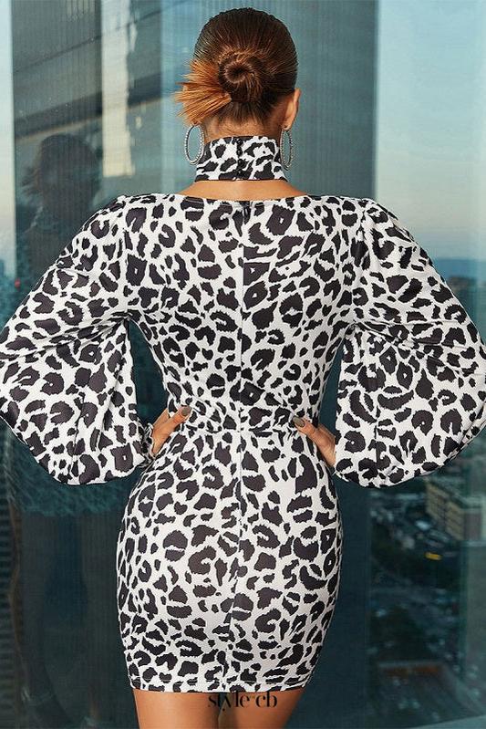 black Jewel Neck Zipper Long Sleeves Printed Semi Dress