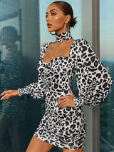 black Jewel Neck Zipper Long Sleeves Printed Semi Dress