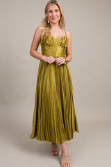 Chartreuse Satin Pleated Midi Dress