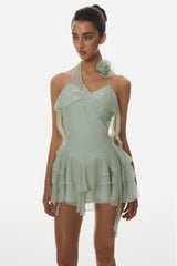Kyrie Halter Floral Ruffle Mini Dress - Green