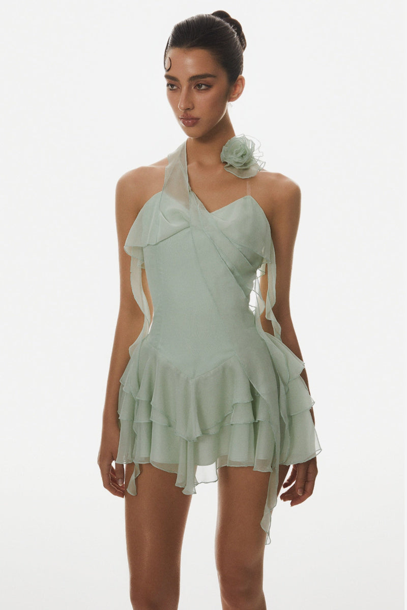 Kyrie Halter Floral Ruffle Mini Dress - Green
