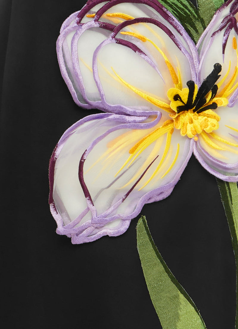 Iris Print Appliqué Floral Maxi Dress in Ebony