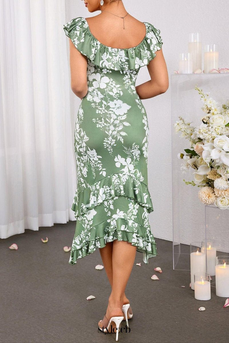 Lace Collar Floral Print Asymmetrical Hem Dress