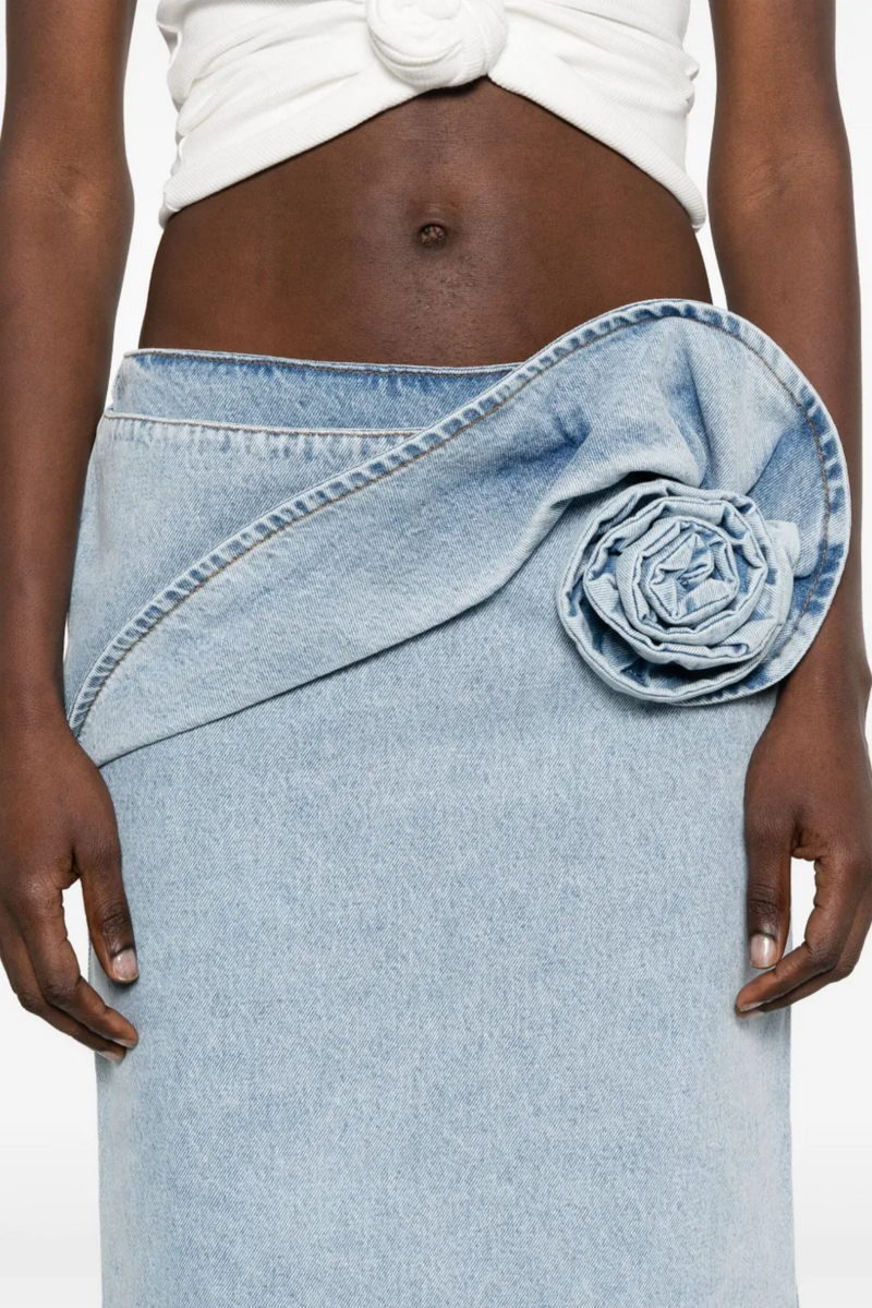 xaviera Floral Appliqué Denim Midi Skirt