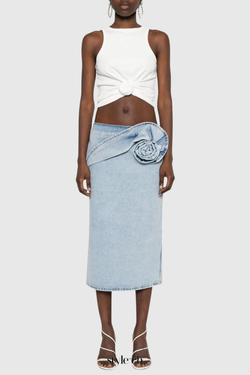 xaviera Floral Appliqué Denim Midi Skirt