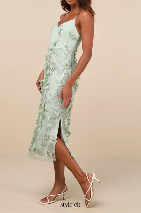 Sage Green 3D Floral Embroidered Midi Dress