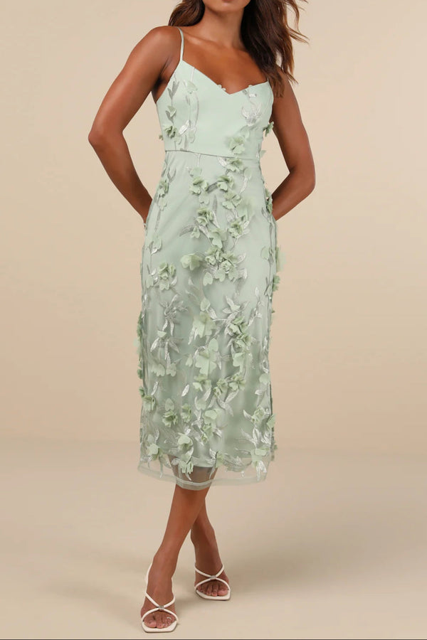Sage Green 3D Floral Embroidered Midi Dress