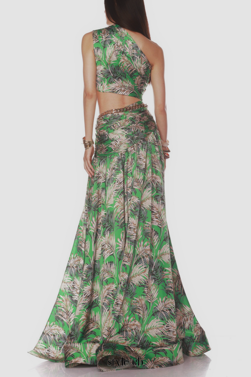 One Shoulder Leave Print Two Piece Set