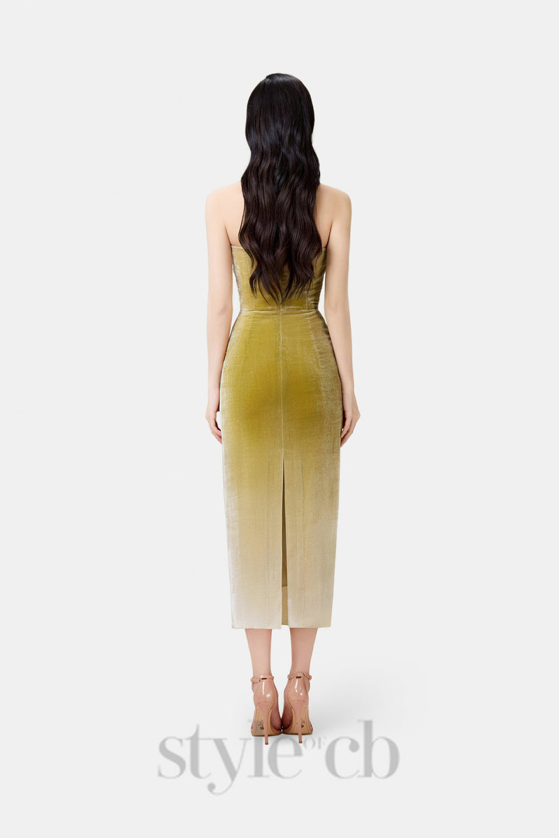 ruched velvet strapless midi dress in green gradient