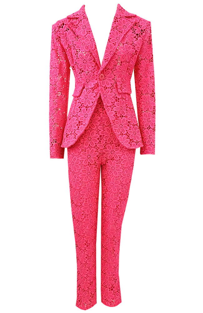 FLORAL-EMBROIDERED LACE TWO-PIECE SUIT IN PINK