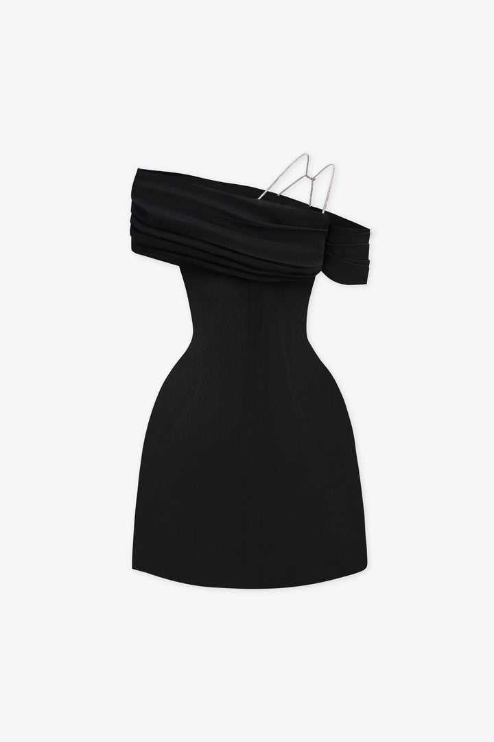 ELLEN ASYMMETRIC NECK TAFFETA MINI DRESS IN BLACK