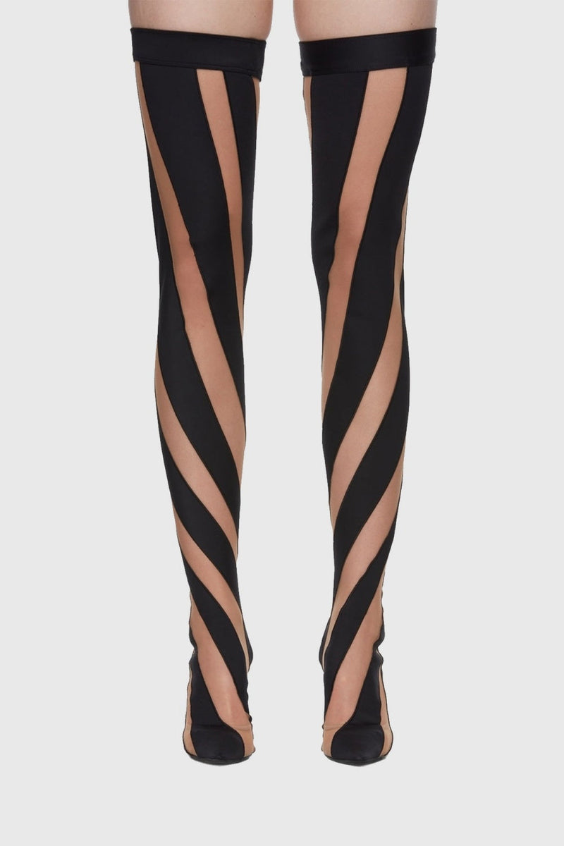 Maeve Stripe Mesh Sock  Thigh-high Boots - Black