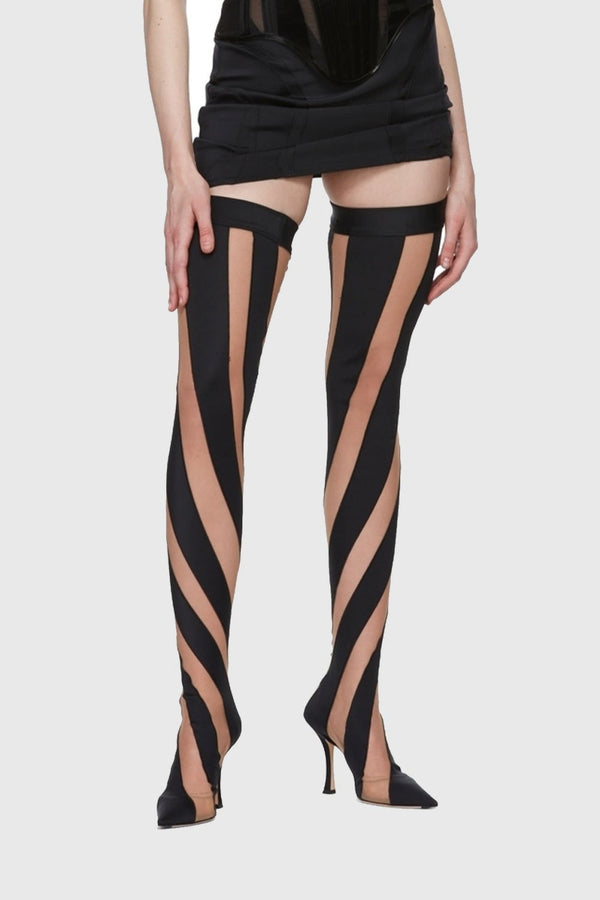 Maeve Stripe Mesh Sock  Thigh-high Boots - Black