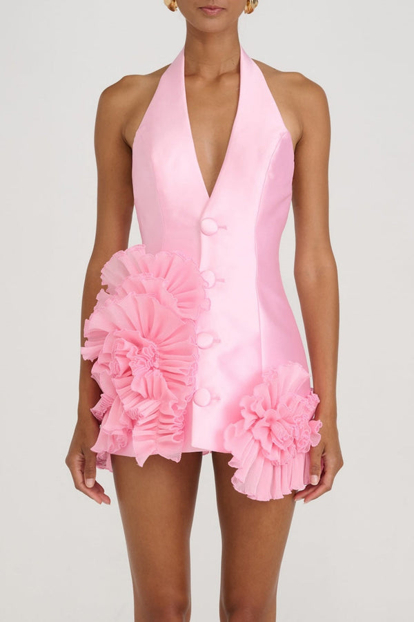 Magezi Satin Floral Halter Mini Dress