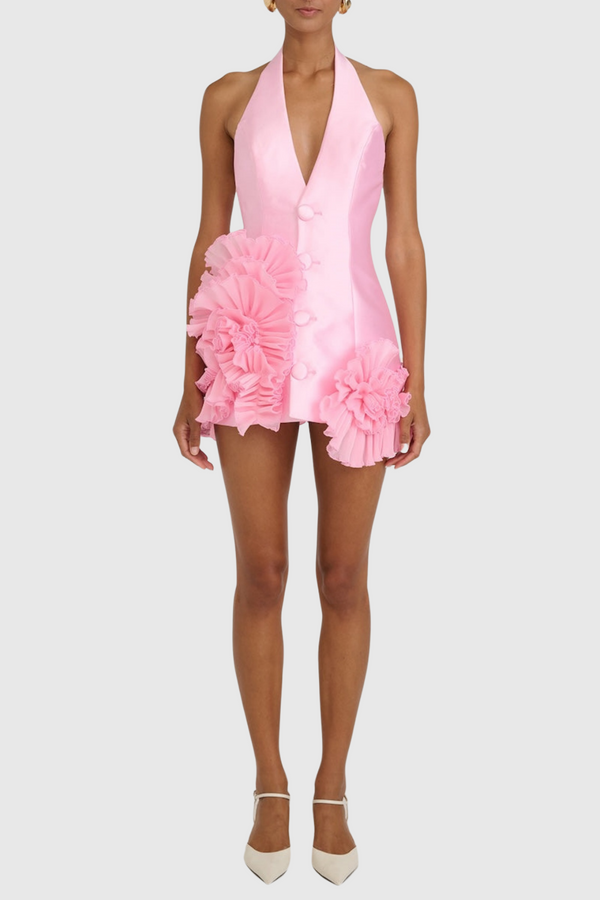 Magezi Satin Floral Halter Mini Dress