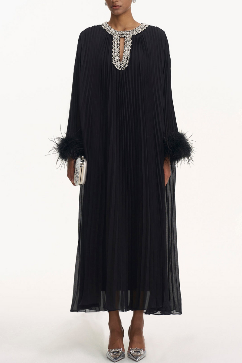 Manja Diamante Chiffon Feather Maxi Dress - Black