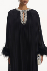 Manja Diamante Chiffon Feather Maxi Dress - Black