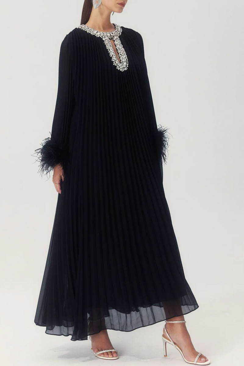 Manja Diamante Chiffon Feather Maxi Dress - Black