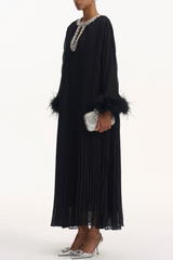 Manja Diamante Chiffon Feather Maxi Dress - Black