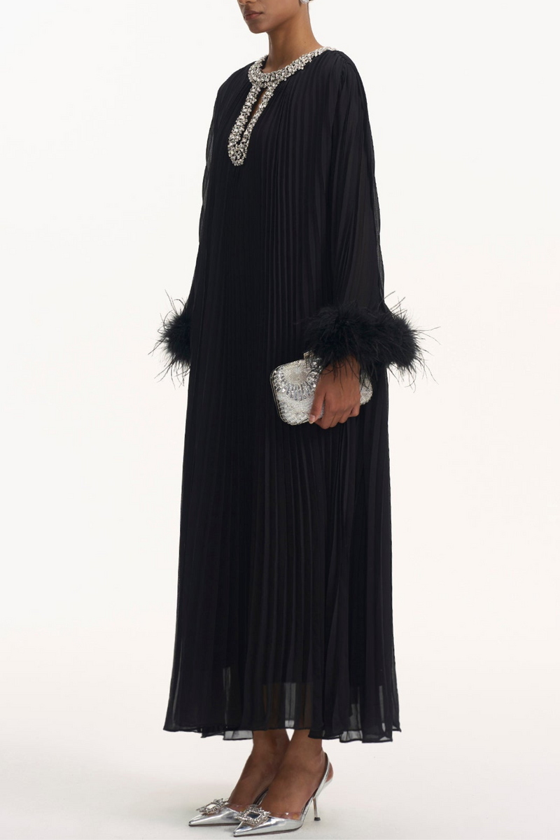 Manja Diamante Chiffon Feather Maxi Dress - Black