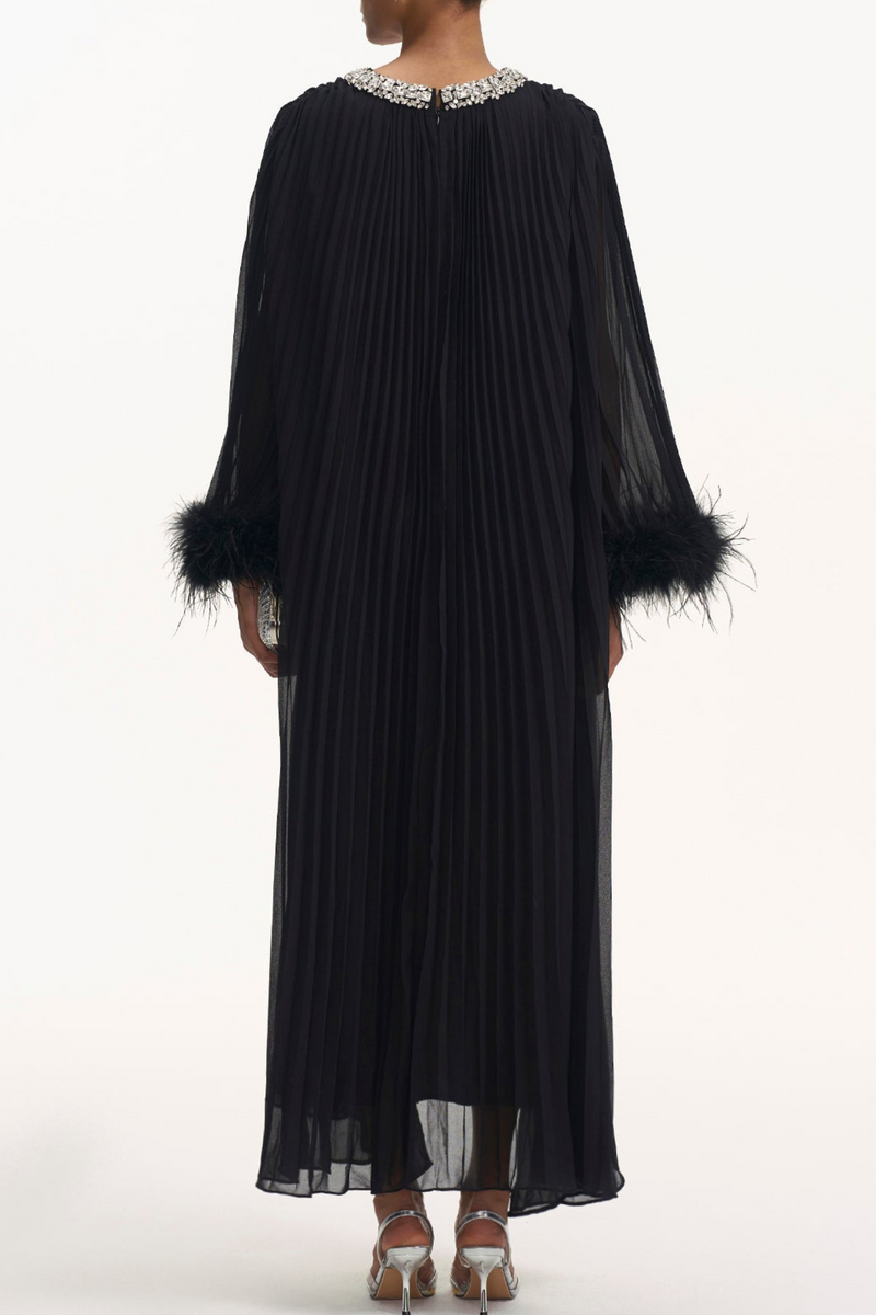 Manja Diamante Chiffon Feather Maxi Dress - Black