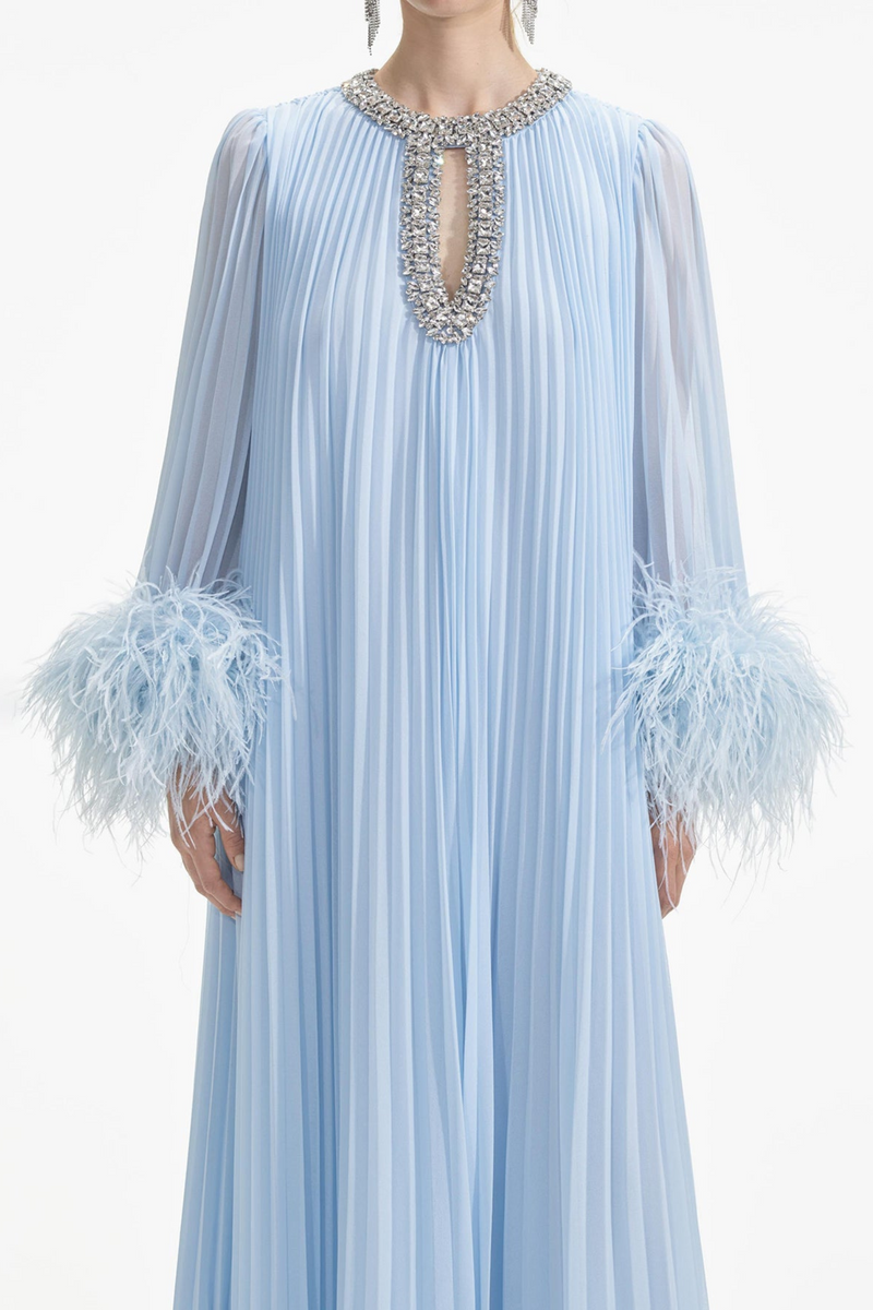 Manja Diamante Chiffon Feather Maxi Dress - Blue