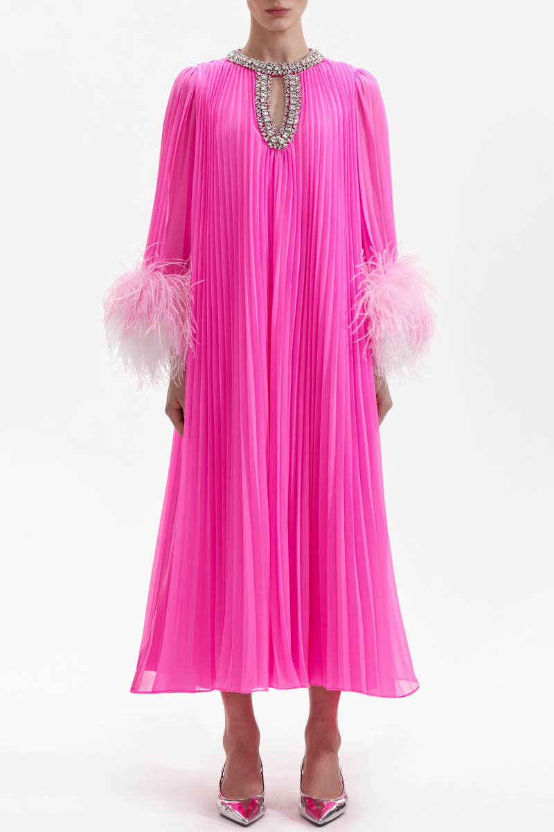 Manja Diamante Chiffon Feather Maxi Dress - Pink