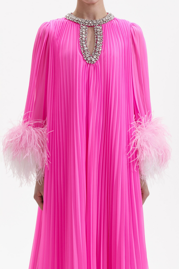 Manja Diamante Chiffon Feather Maxi Dress - Pink