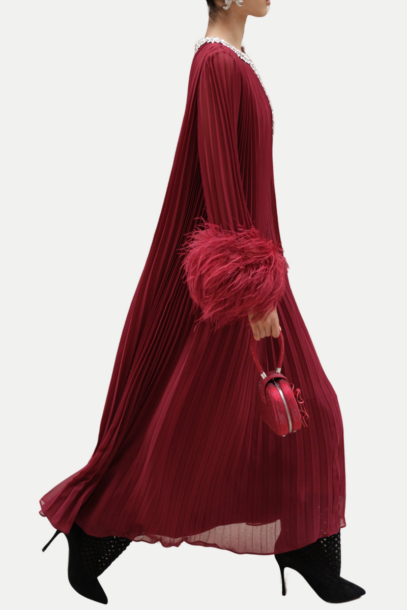 Manja Diamante Chiffon Feather Maxi Dress - Red