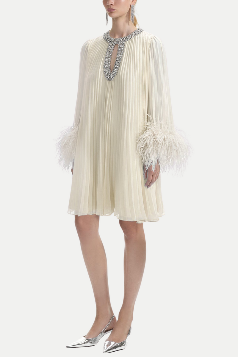 Manja Diamante Chiffon Feather Mini Dress - White