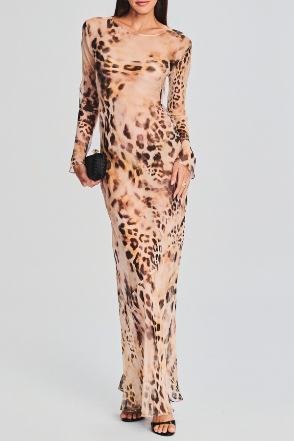 winni Leopard Backless Silk Maxi Dress