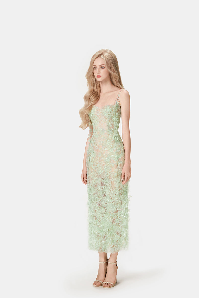MINT BEADED LACE PENCIL MIDI DRESS