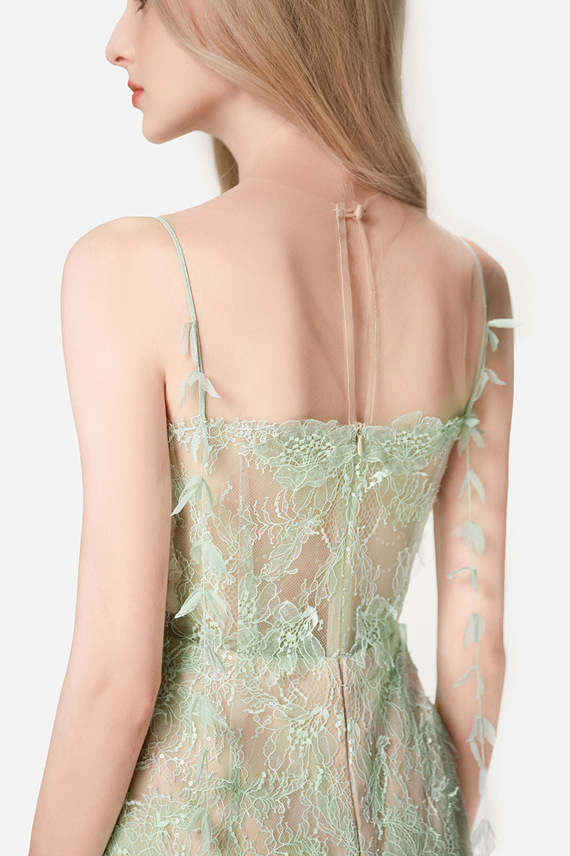 MINT BEADED LACE PENCIL MIDI DRESS