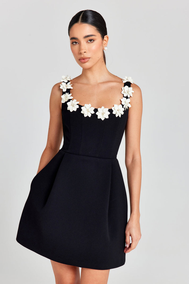 ZENOBIA FLOWER EMBELLISHED BLACK MINI DRESS