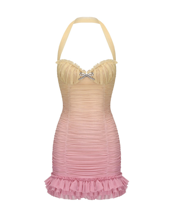 joyce pleated hem mini dress in Gradient yellow