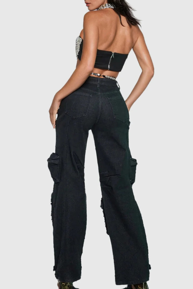 Rhinestone Cutout Cargo Jeans in Black