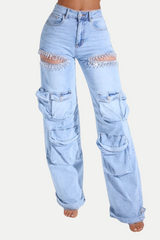 Rhinestone Cutout Cargo Jeans in Blue