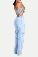 Rhinestone Cutout Cargo Jeans in Blue