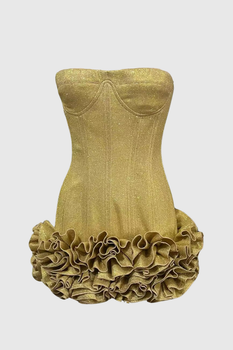 Nuala Glitter Strapless Floral Mini Dress - Gold