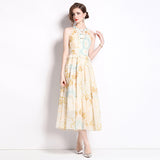 elvira print sleeveless halterneck midi dress in yellow